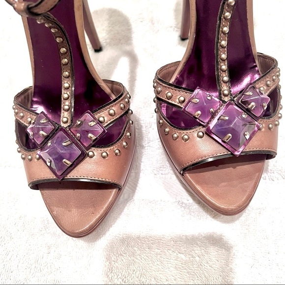 MIU MIU Y2K Coquette Victorian Embellished Leather T-Strap Tan pumps womens 9 - Picture 5 of 12